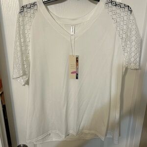 Elegant White Short Sleeve Top with Lace Accents